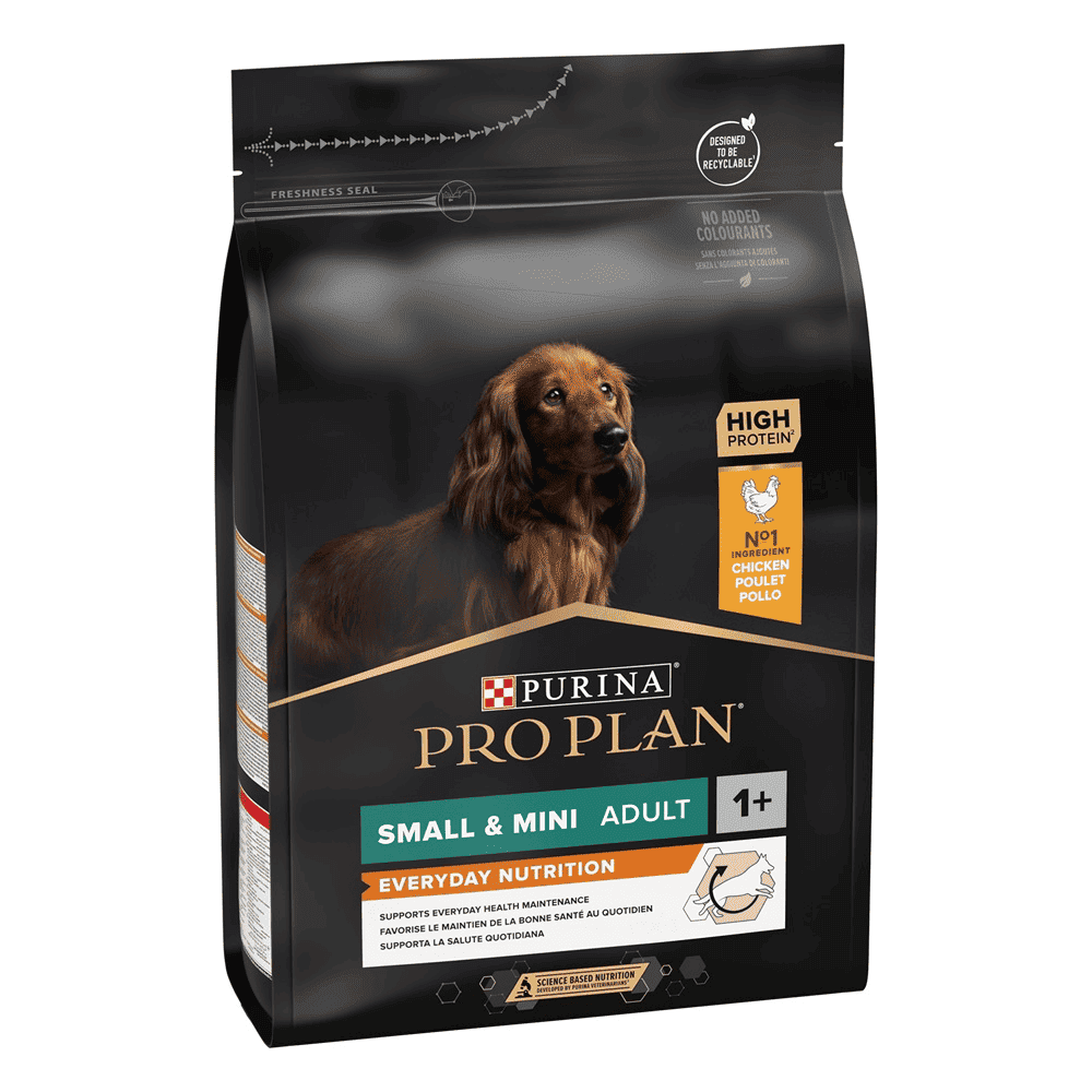 Purina Pro Plan dog food package for small and mini adults on a white background