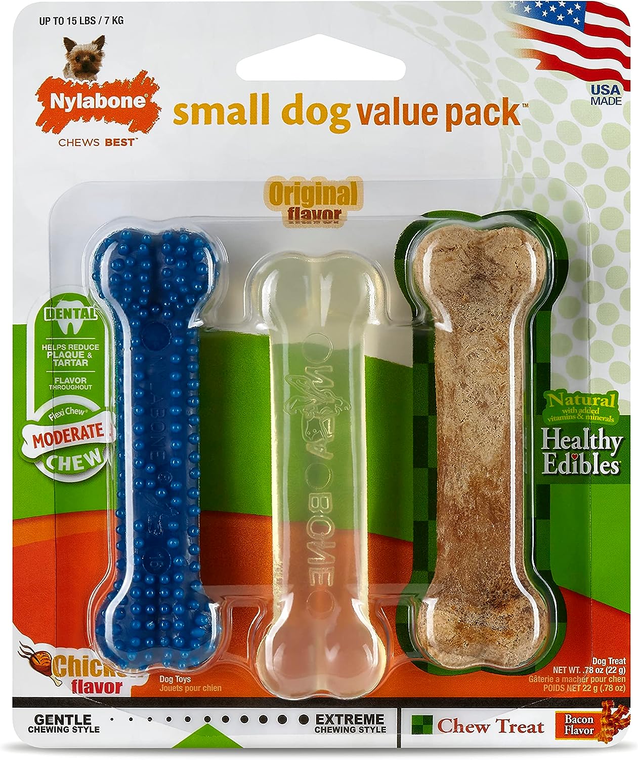 Nylabone Flexi Chew Small Dog Value Pack (1 Each Dental Chew / Healthy Edibles Bacon / Flexi Chew Original) Petite Nylon Chews