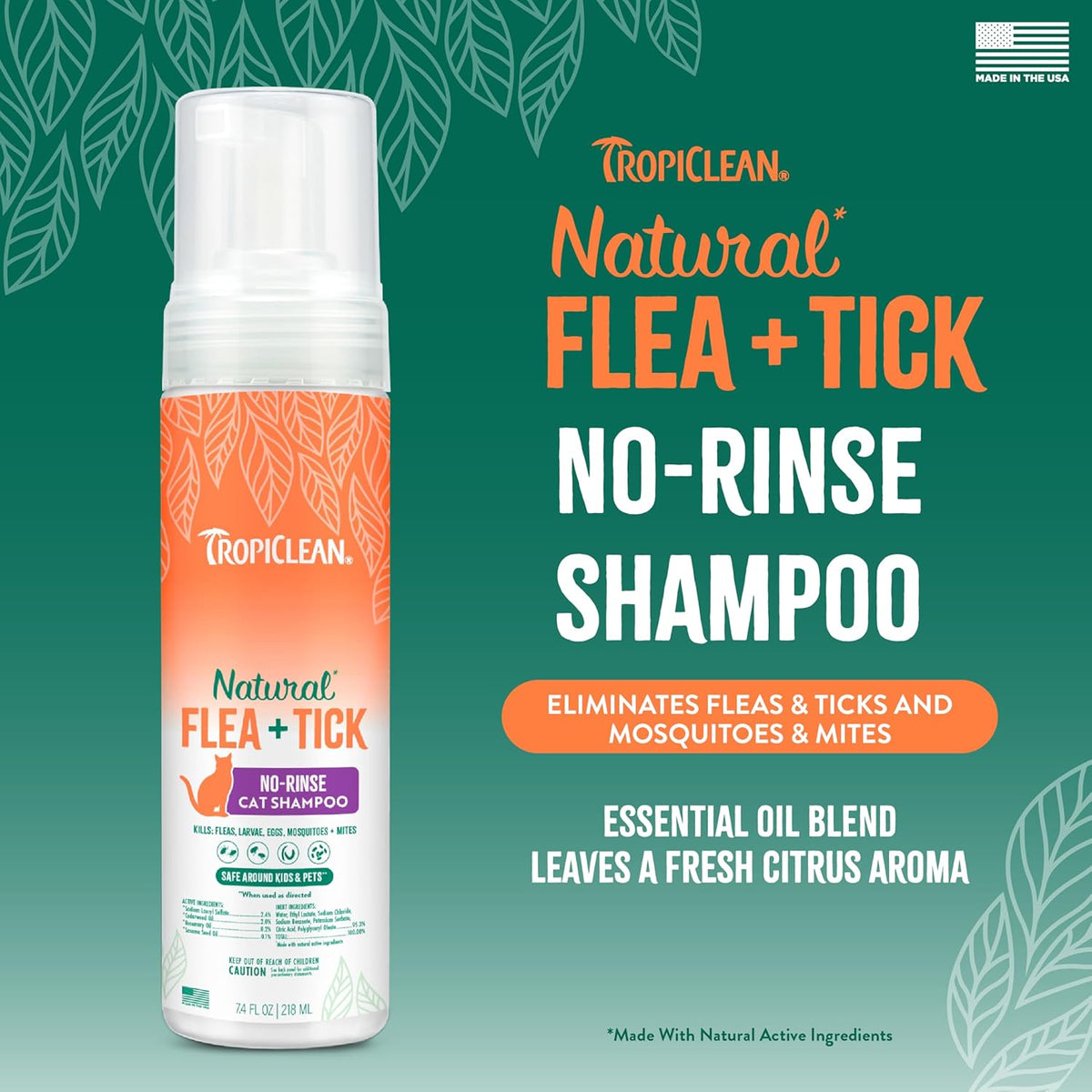 TropiClean Natural Flea & Tick No Rinse Shampoo for Cats - 7.4 oz