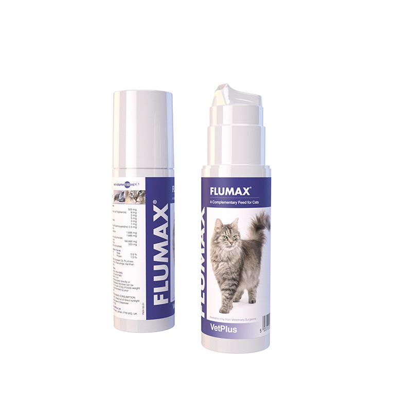 Two FLUMAX pet supplement bottles on a white background