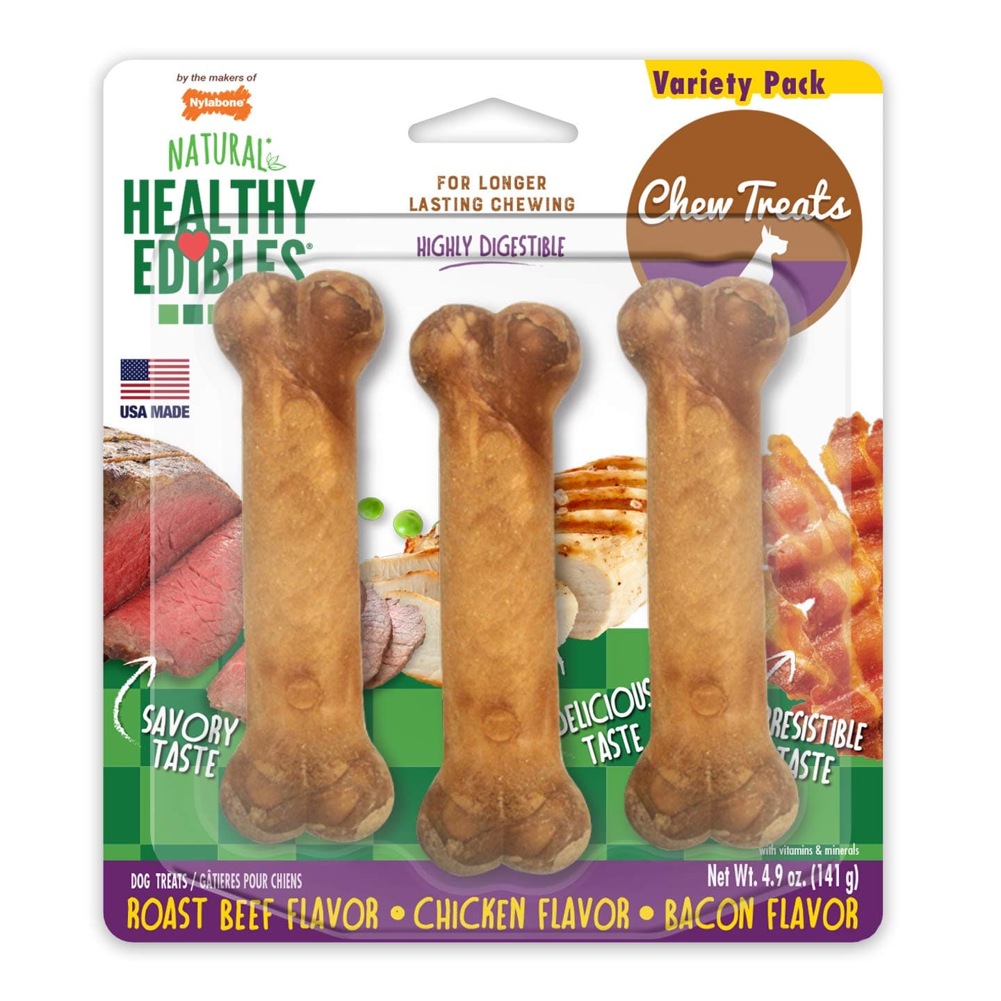 Nylabone Healthy Edibles Longer Lasting Roast Beef-Chicken-Bacon Variety 3Ct Card Regular Edible Treats