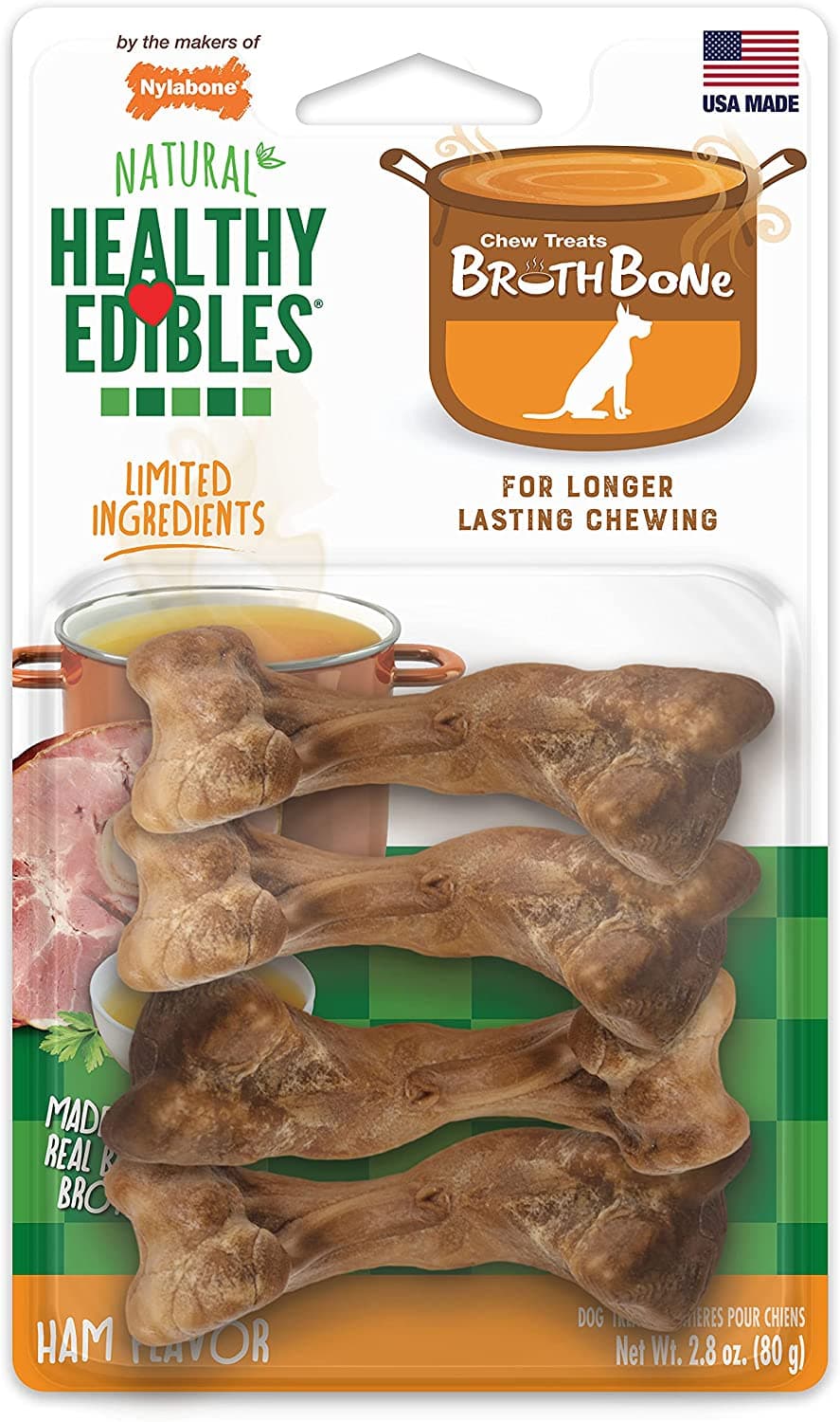 Nylabone Healthy Edibles Bone Broth Ham 4Ct Card Small Edible Treats