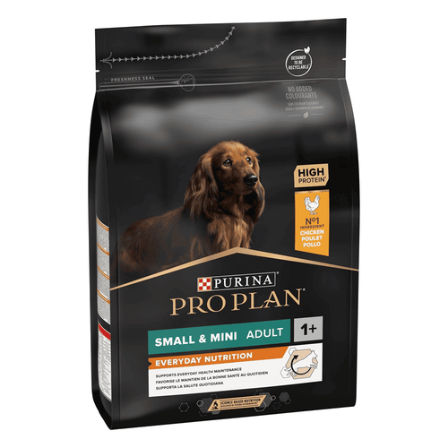 Purina Pro Plan dog food package for small and mini adults on a white background