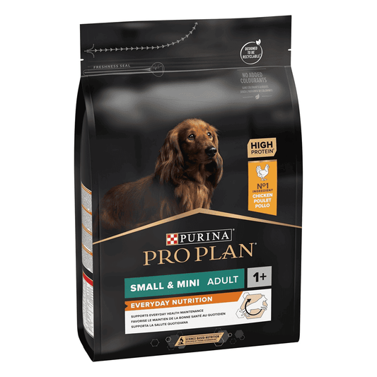 Purina Pro Plan dog food package for small and mini adults on a white background