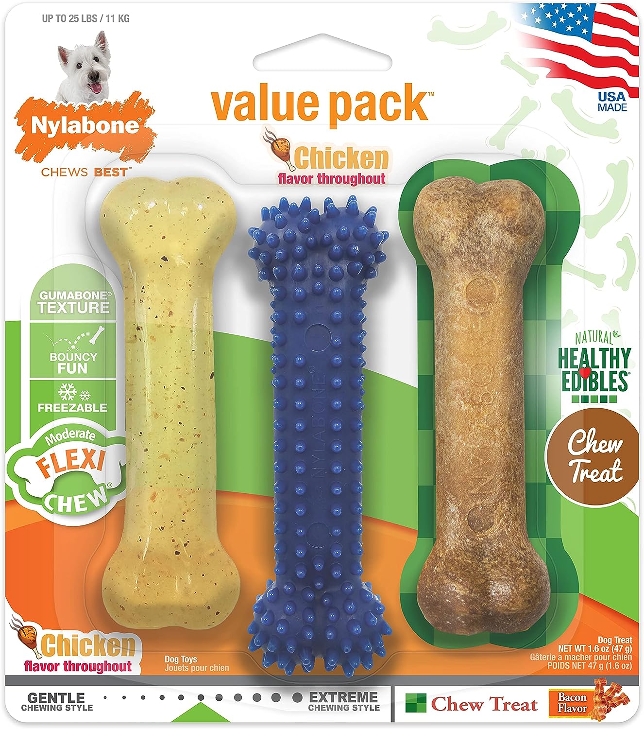 Nylabone Flexi Chew Variety Pack (1 Each Dental Chew / Healthy Edibles Bacon / Flexi Chew Original) Regular Nylon Chews