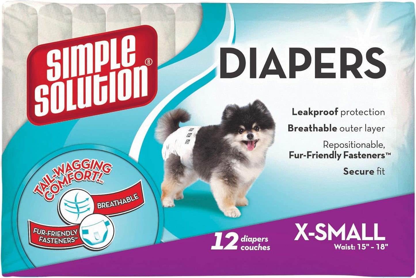 Simple Solution New True Fit Disposable Female Dog Diapers with Wetness Indicator XS,Toy 12 Pack