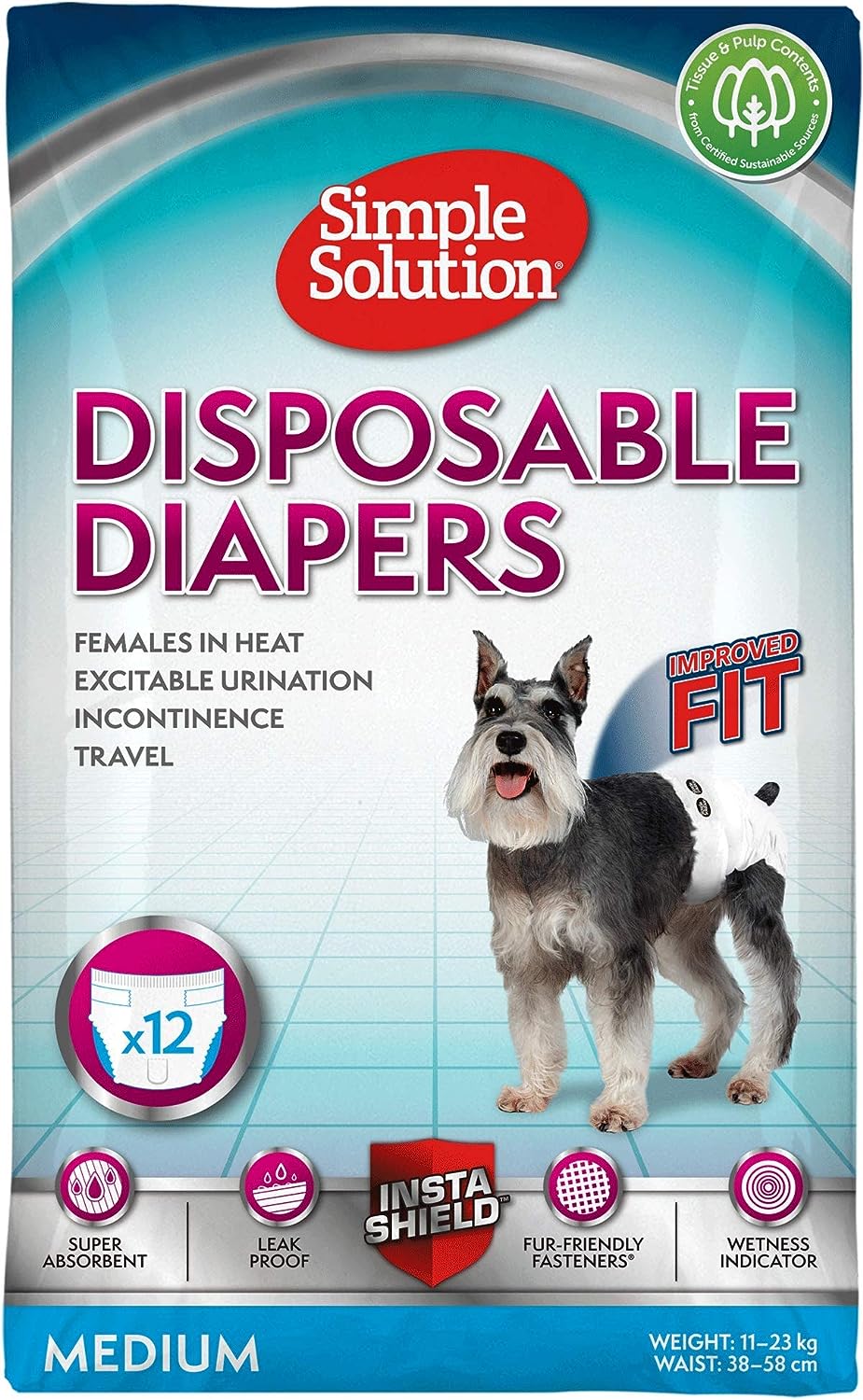 Simple Solution Disposable Female Dog Diapers, Medium Pack of 12