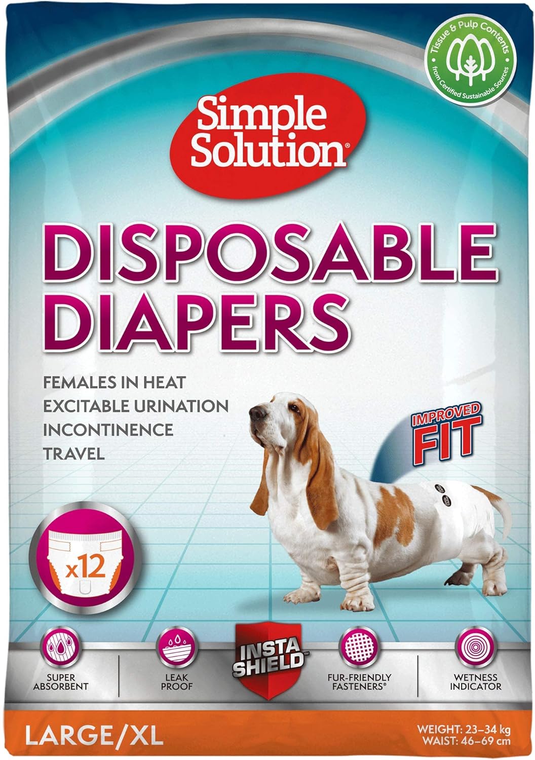 Simple Solution Disposable Female Dog Diapers,Large Pack of 12