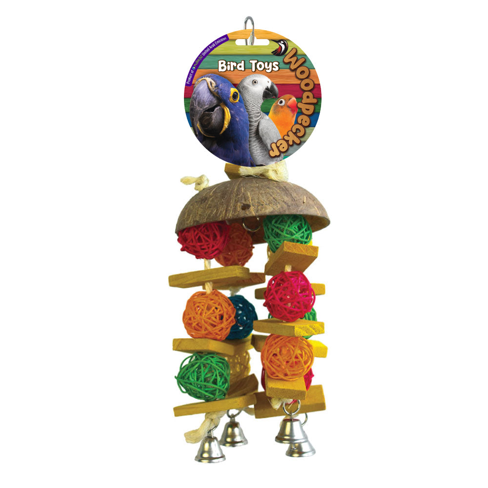 Woodpecker Bird Toy Hawaiin Coconut With Bell 36*14 Cms