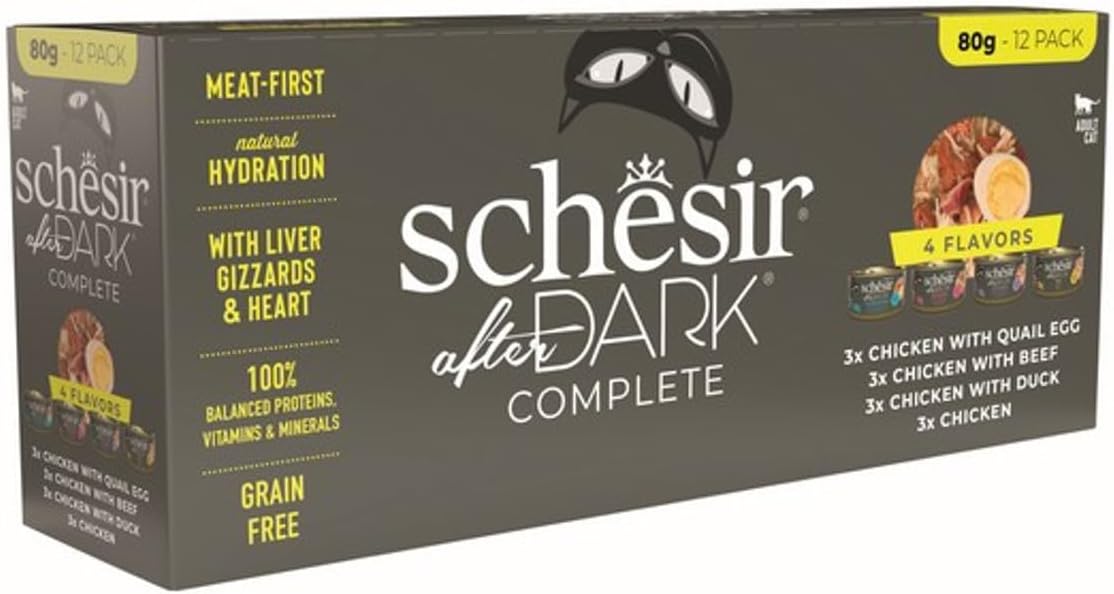 Schesir After Dark Wholefood In Broth Variety Pack For Cat 960g (80g x12 Cans) - 4 Flavors (3 Cans Each Flavor)