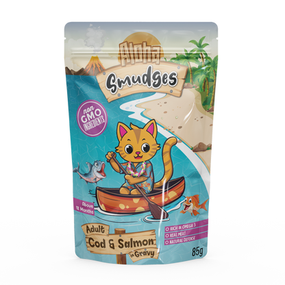 Cat food pouch with cartoon cat character on a white background