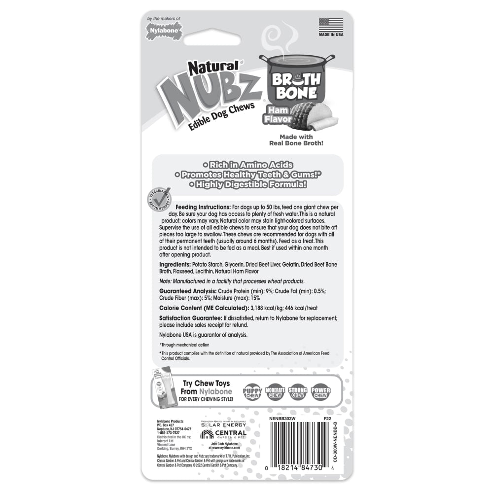Nylabone Nubz Ham with Bone Broth 1-Count Giant – Premium Edible Ham Dog Treat UAE
