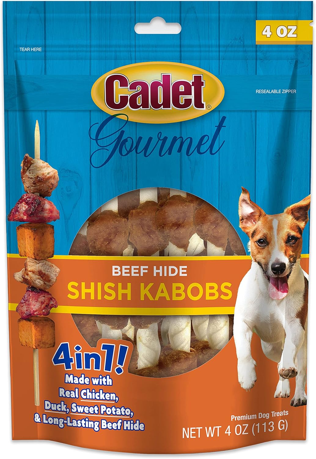 Cadet 4 oz. Beef Hide Shish Kabobs (Rawhide Twist Sticks wrapped in Chicken, Duck & Sweet Potato) Dog Treats & Chews