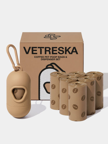 VETRESKA Coffee Pet Poop Bags & Dispenser Set (1 Dispenser + 7 Rolls)