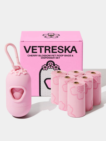 VETRESKA Cherry Blossom Pet Poop Bags & Dispenser Set (1 Dispenser + 7 Rolls)