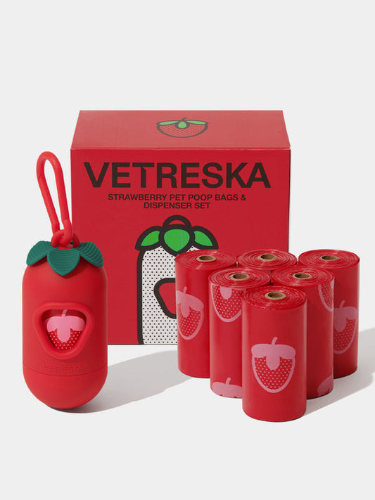 VETRESKA Strawberry Pet Poop Bags & Dispenser Set (1 Dispenser + 7 Rolls)