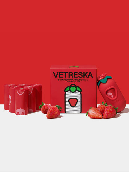 VETRESKA Strawberry Pet Poop Bags & Dispenser Set (1 Dispenser + 7 Rolls)