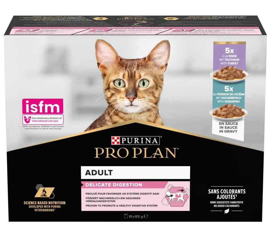 Pro Plan Delicate Digestion Wet Cat Food, Turkey and Ocean Fish, mix-flavor pack, 10 x 85g (Pack of 10)