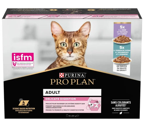 Pro Plan Delicate Digestion Wet Cat Food, Turkey and Ocean Fish, mix-flavor pack, 10 x 85g (Pack of 10)