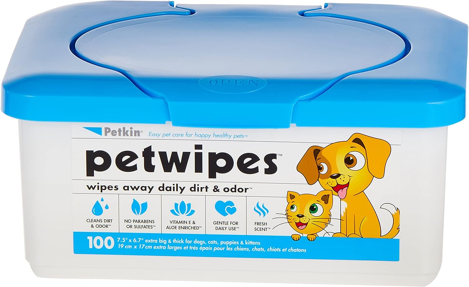 Petwipes container with cartoon dog and cat on a white background