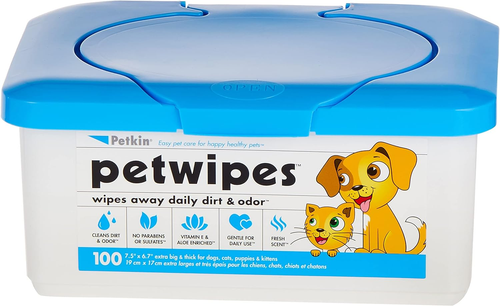 Petwipes container with cartoon dog and cat on a white background