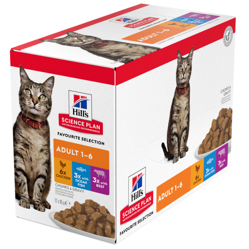 Hill’s Science Plan Adult Cat Wet Food Multipack With Chicken, Ocean Fish, Beef Pouches (12x85g)
