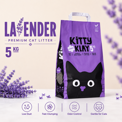 A 5 kg bag of Kitty Klay lavender premium cat litter by Kitty Klay, displayed on a light beige background with decorative lavender sprigs. The bag is purple with a black cat face graphic and white text.
