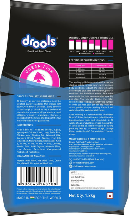 Drools Kitten(1-12 Months) Dry Cat Food, Ocean Fish, 1.2kg with Free Container