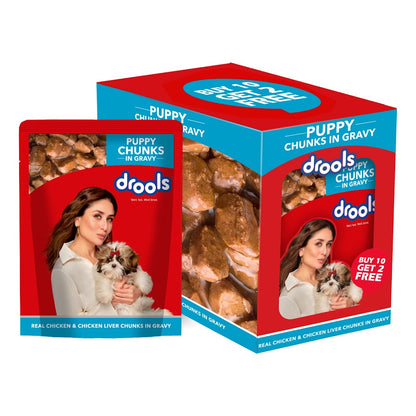 Drools Puppy Wet Dog Food, Real Chicken and Chicken Liver Chunks in Gravy,10 Pouches + 2 Pouches Free (12 x 60g )