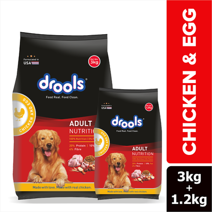 Drools Chicken and Egg Adult Dog Food, 3kg with Free 1.2kg
