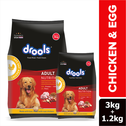 Drools Chicken and Egg Adult Dog Food, 3kg with Free 1.2kg