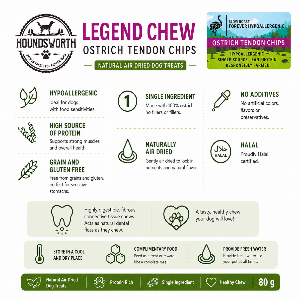 Houndsworth Hypoallergenic Ostrich Legend Chew Tendon Chips 80g