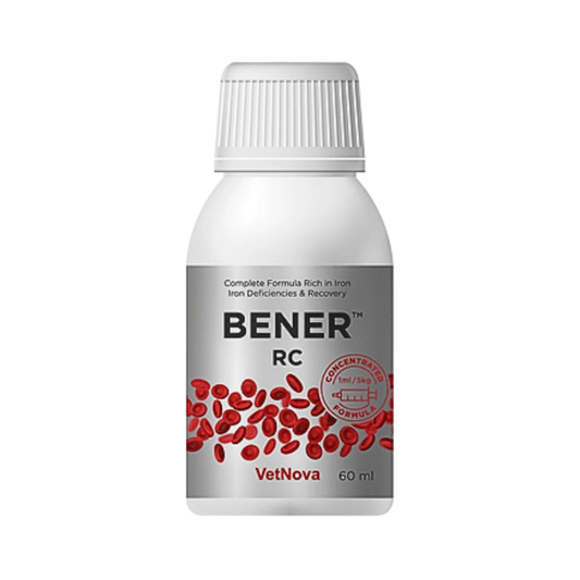 Bener RC bottle with red capsules on a white background