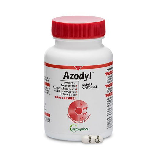 Azodyl probiotic supplement bottle with red cap on a white background