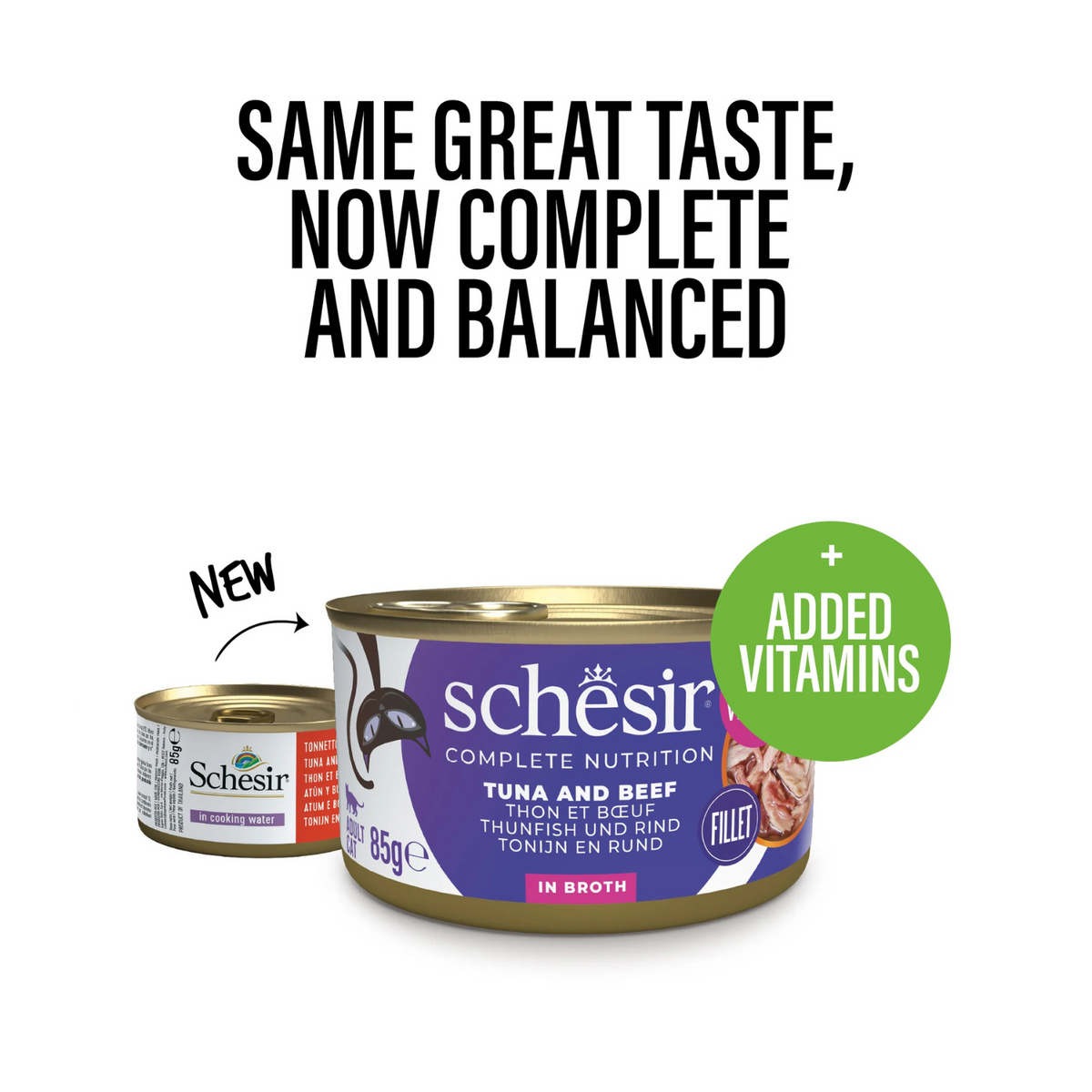 Schesir Complete & Balanced Nutrition Wet Cat Food in Broth Can- Tuna With Beef 85g