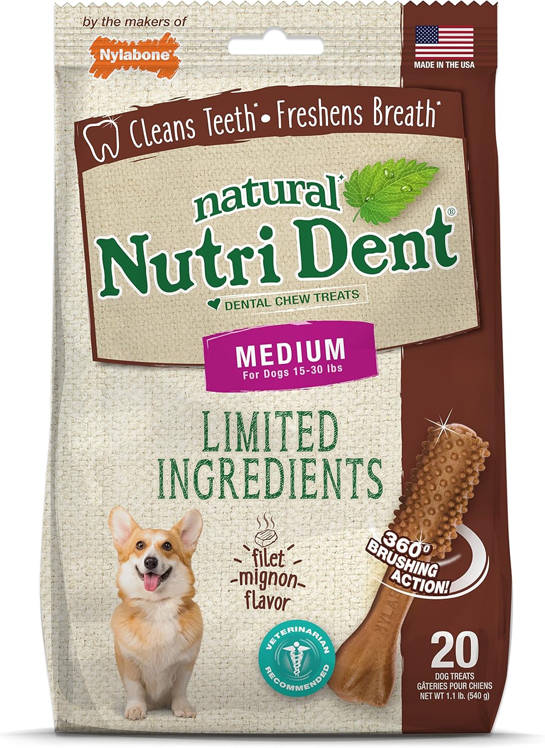 Nylabone Nutri Dent Filet Mignon 20 Count Pouch - Medium