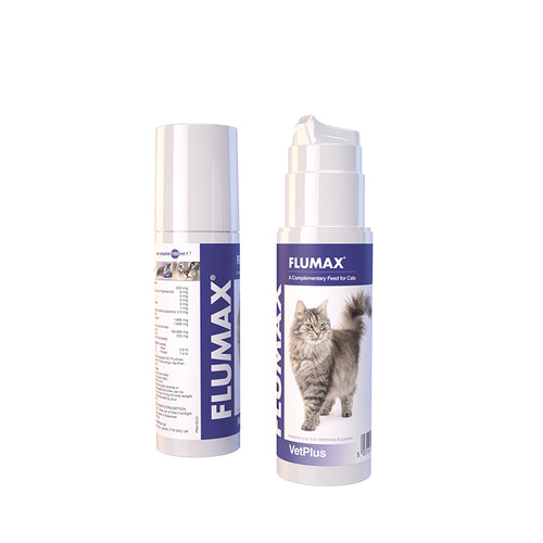 Two FLUMAX pet supplement bottles on a white background