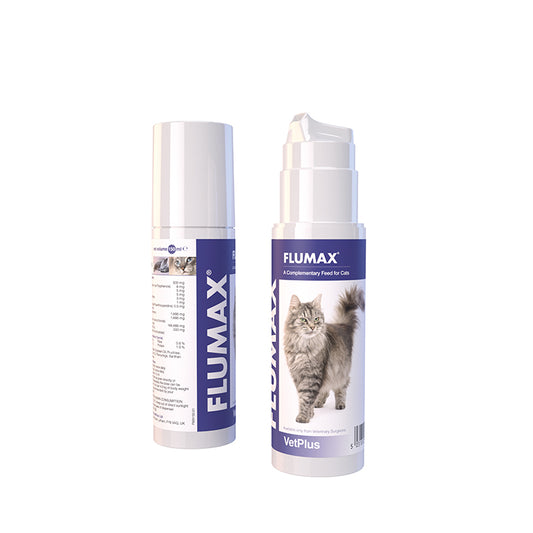 Two FLUMAX pet supplement bottles on a white background