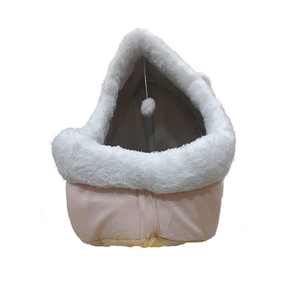 Grizzly Loppy Cat Cave Pink Plush + Cotton Pink Cat Bed - Large 45 x 45 x40cm