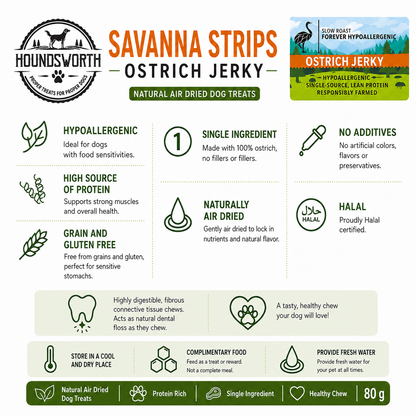 Houndsworth Hypoallergenic Ostrich Jerky Savanna Strips 80g