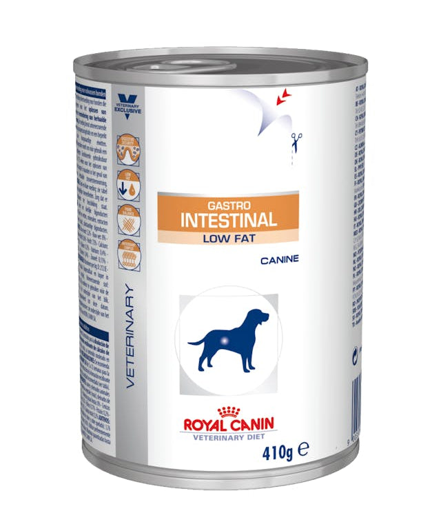 Royal Canin Veterinary Diet Gastro Intestinal Low Fat can for dogs on a white background