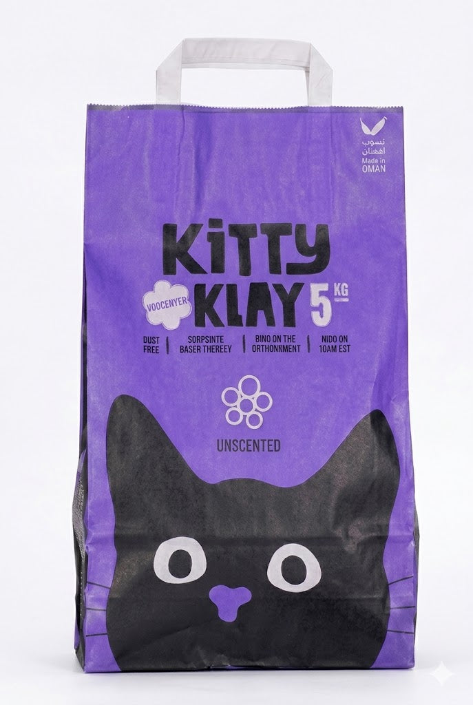 A purple bag of Kitty Klay 5kg unscented cat litter with a black cat face graphic on the front and white handles, photographed against a plain white background.