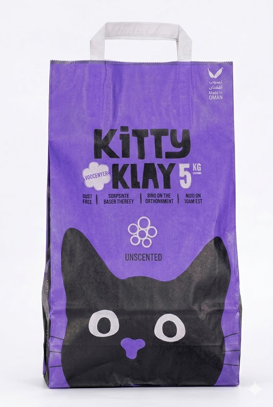 A purple bag of Kitty Klay 5kg unscented cat litter with a black cat face graphic on the front and white handles, photographed against a plain white background.