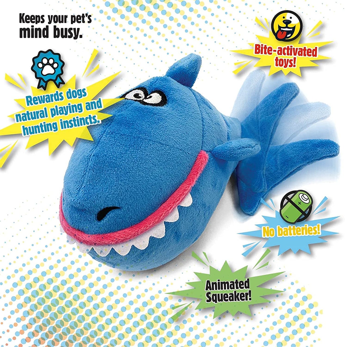 goDog Action Plush Shark Animated Squeaker Dog Toy with Chew Guard Technology