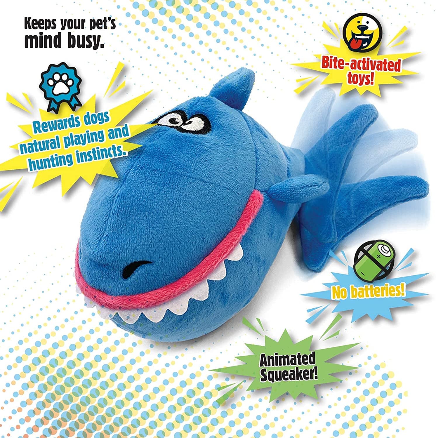 goDog Action Plush Shark Animated Squeaker Dog Toy with Chew Guard Technology