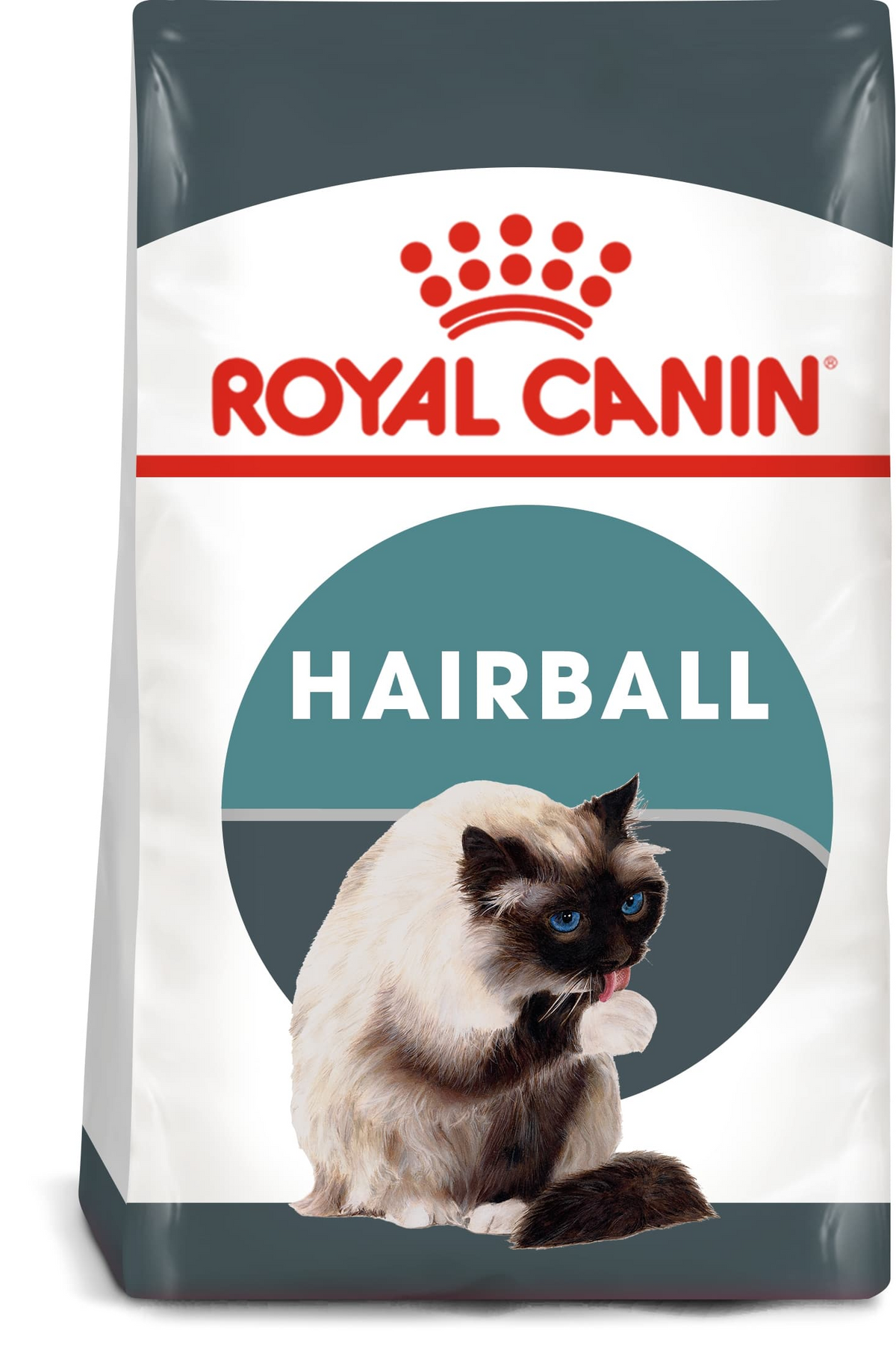 A bag of Royal Canin Hairball cat food, featuring a white and dark gray bag with a red Royal Canin logo and a photo of a long-haired cat on the front.