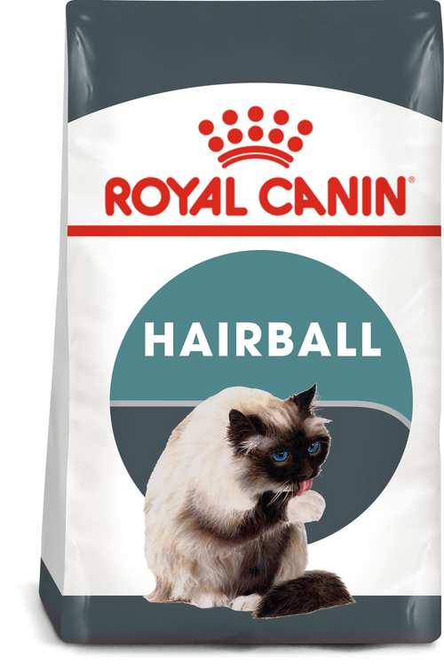 A bag of Royal Canin Hairball cat food, featuring a white and dark gray bag with a red Royal Canin logo and a photo of a long-haired cat on the front.
