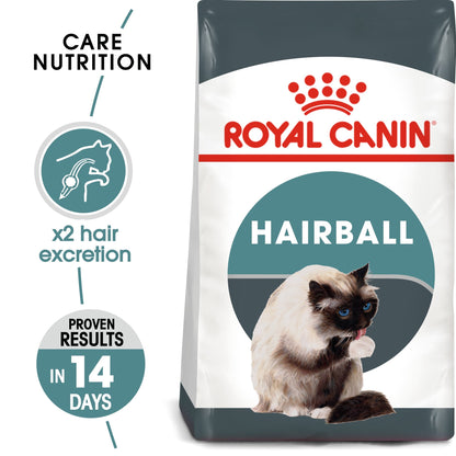 Royal Canin Hairball cat food bag with a cat on it