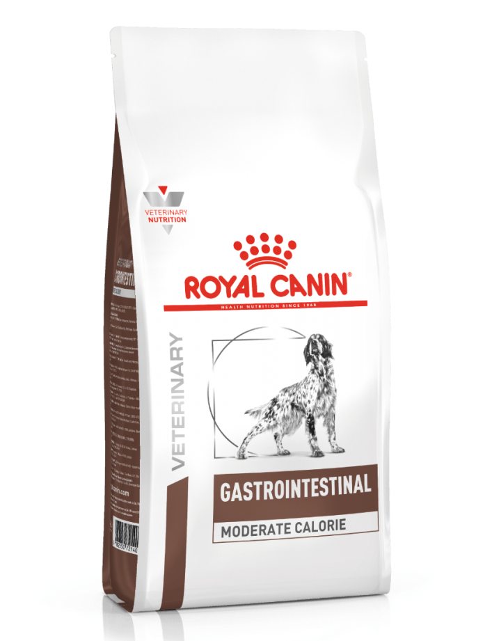 Royal Canin Veterinary Gastrointestinal Moderate Calorie dog food bag on a white background