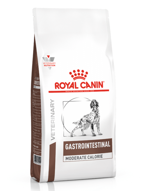 Royal Canin Veterinary Gastrointestinal Moderate Calorie dog food bag on a white background